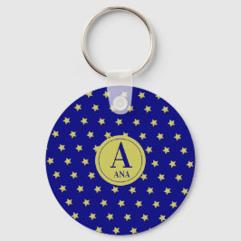 Chaveiro Elegant Gold & Blue Star Pattern Monogram