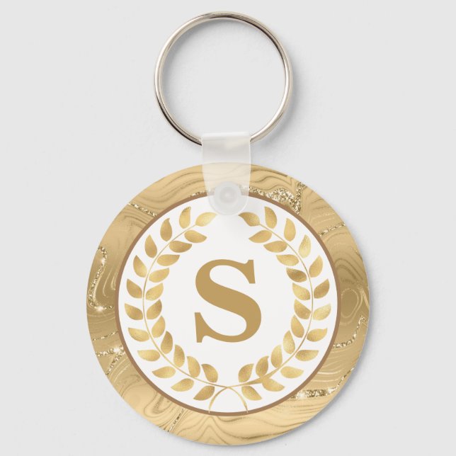 Chaveiro Elegant Gold Marble & Laurel Wreath Personalized (Frente)