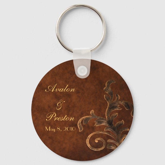 Chaveiro Elegant Leather Scroll Leaf Wedding Favor Keychain (Frente)