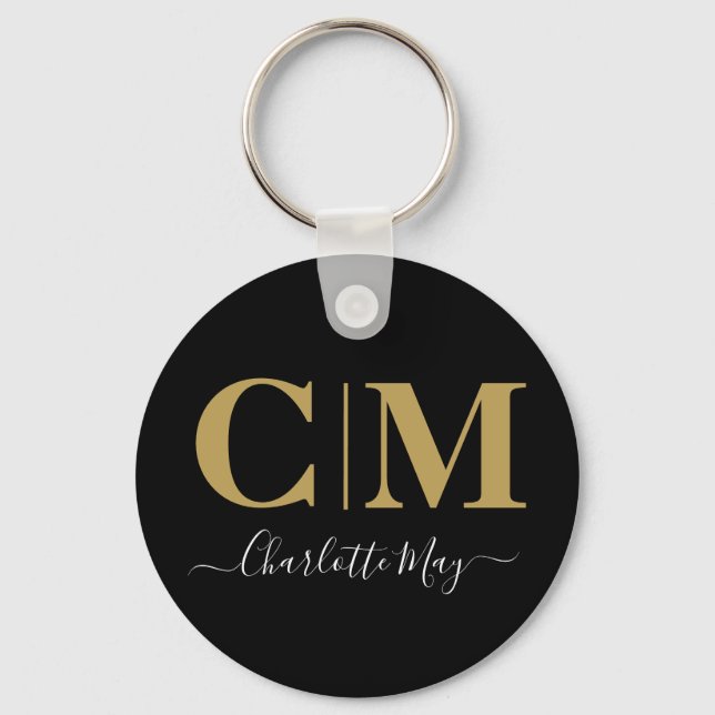 Chaveiro Elegant Modern Chic Black Gold Business Monogram (Frente)