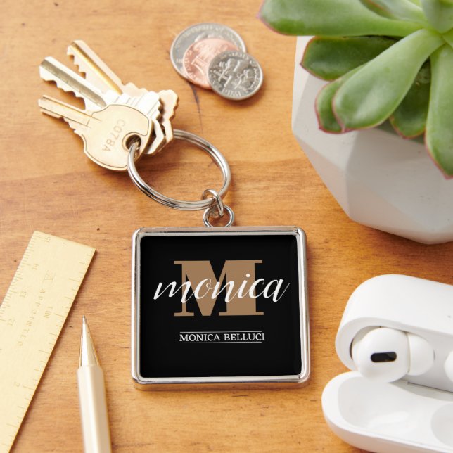 Chaveiro Elegant Monogram Black Gold Script minimal (Mesa)