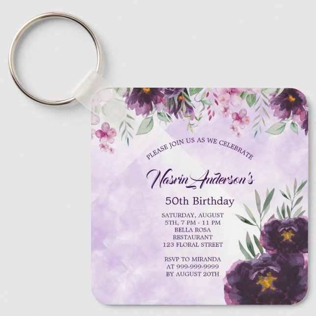 Chaveiro Elegant Purple Floral Birthday Invitation (Frente)