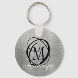 Chaveiro Elegant Silver Brushed Metal Monogram Name Stylish