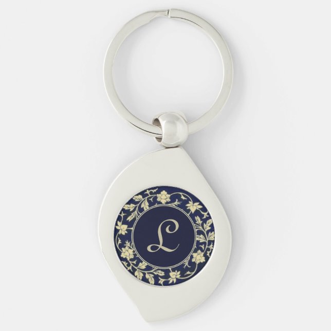 Chaveiro Elegant Vintage Blue Floral Initial Monogram (Frente)