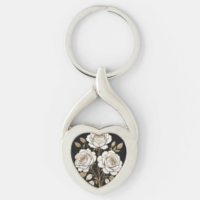 Chaveiro Elegant White & Gold Floral Rose heart key– Luxury (Frente)