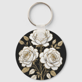 Chaveiro Elegant White & Gold Floral Rose Keychain – Luxury
