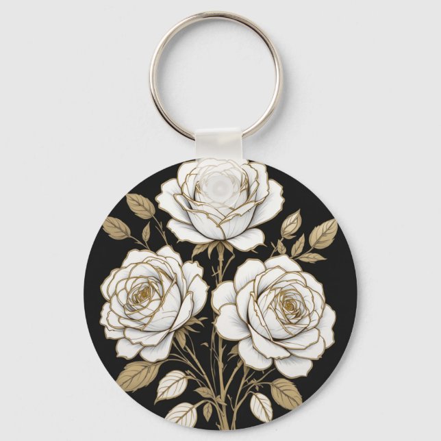 Chaveiro Elegant White & Gold Floral Rose Keychain – Luxury (Frente)