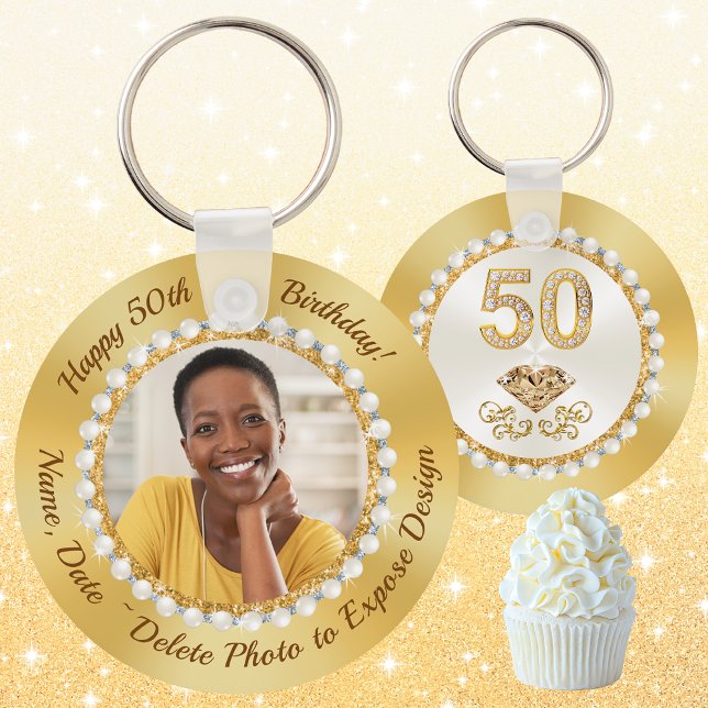 Chaveiro Elegante, 50ª Festa de aniversário a Favor de uma  (50th Birthday Party Favors. Golden Birthday Favors, Gold, Photo Keychains. 50th Birthday Souvenirs)