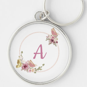 Chaveiro Elegante Borboleta Floral em Dourado Rosa – Nome P
