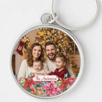 Chaveiro Elegante Borda Floral de Poinsettia Foto Personali