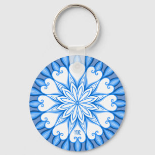 Chaveiro Elegante, branco estético e azul, Mandala, monogra
