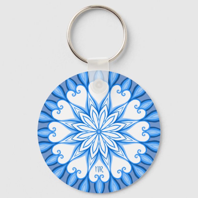 Chaveiro Elegante, branco estético e azul, Mandala, monogra (Frente)