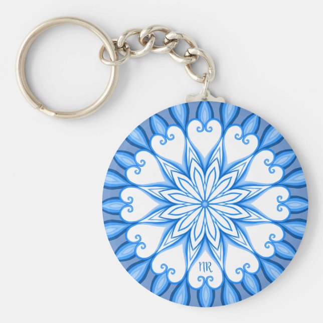 Chaveiro Elegante, branco estético e azul, Mandala, monogra (Frente)