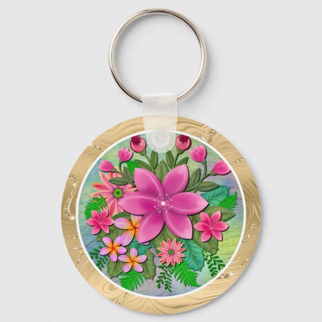 Chaveiro Elegante Buquê de Flores Rosa Tropical (Frente)
