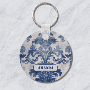 Chaveiro Elegante damasco Azul toile de jouy monograma