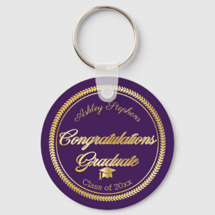Chaveiro Elegante Dourado Formando roxo Classe de Boné de