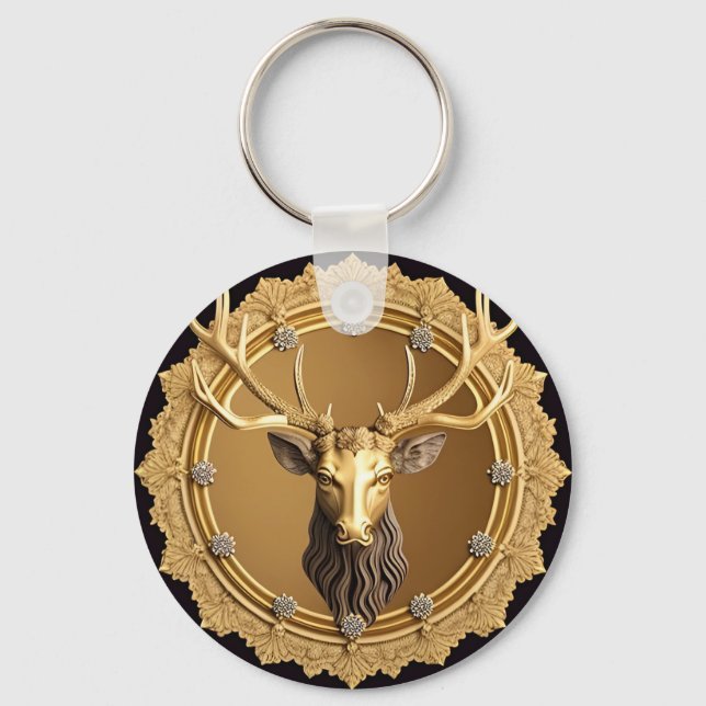 Chaveiro Elegante Emblema de Veado Dourado com Moldura Orna (Frente)