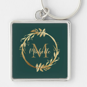 Chaveiro Elegante Emerald Green Dourado Wreath Name Monogra