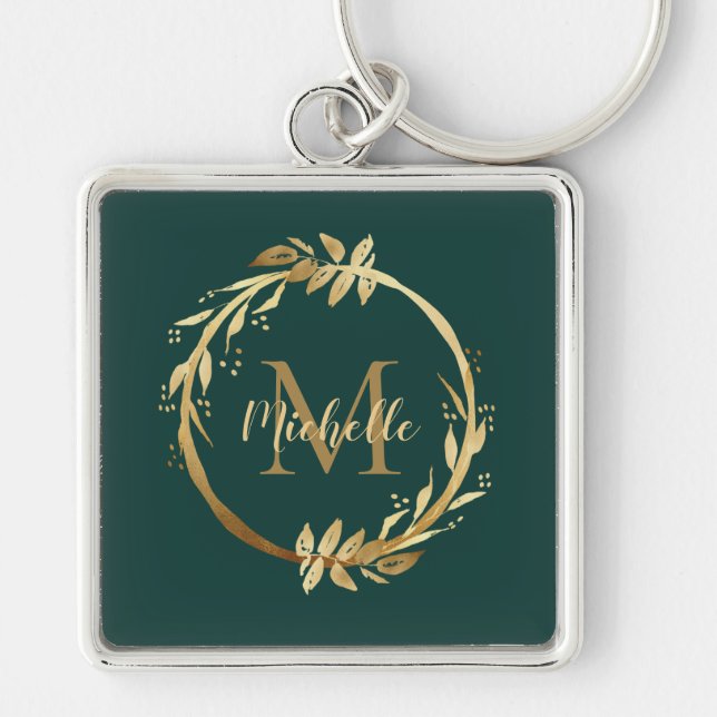 Chaveiro Elegante Emerald Green Dourado Wreath Name Monogra (Frente)