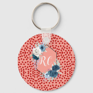 Chaveiro Elegante Floral Azul Empoeirado e Corações Vermelh