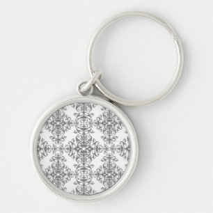 Chaveiro Elegante Floral Damask Vitoriano em Cinza e Branco