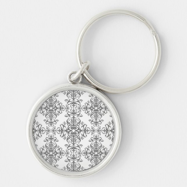 Chaveiro Elegante Floral Damask Vitoriano em Cinza e Branco (Frente)