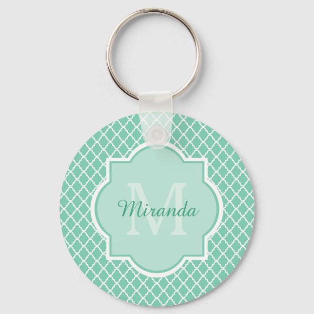 Chaveiro Elegante Mint Green Quatrefoil Monograma Com Nome (Frente)