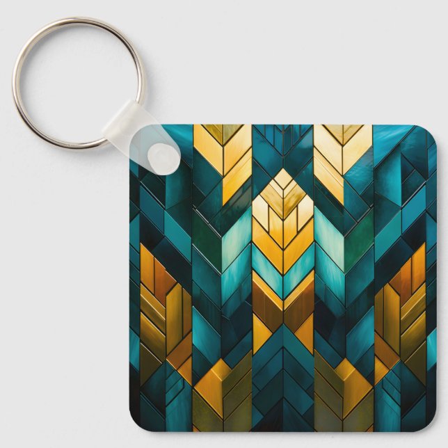 Chaveiro Elegante Moderno Abstrato Dourado Verde Geométrico (Frente)