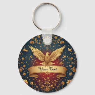 Chaveiro Elegante Moldura de Fenix Dourada Com Motivos Flor