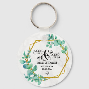 Chaveiro Elegante Moldura Dourada Geométrica com Folha de E