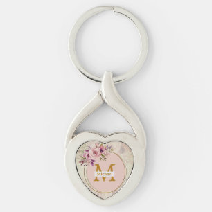 Chaveiro Elegante Monograma Dourado Floral Coração, Nome e