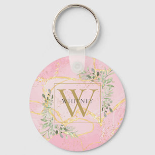 Chaveiro Elegante Monograma Dourado Geodo de Ágata Rosa com