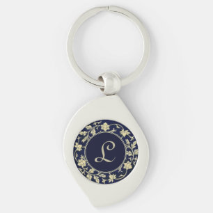 Chaveiro Elegante Monograma Floral Azul Vintage Inicial
