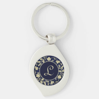 Chaveiro Elegante Monograma Floral Azul Vintage Inicial