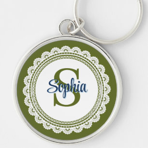 Chaveiro Elegante Nome Monograma em Renda Verde Oliva Vinta