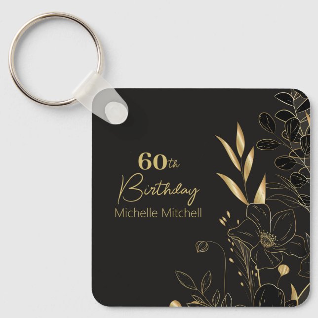 Chaveiro Elegante Preto Dourado Personalizado 60º Aniversár (Frente)