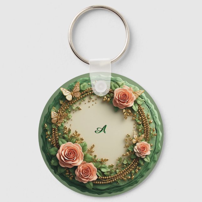 Chaveiro Elegante Quadro Floral Verde Com Rosas Cor-de-Rosa (Frente)