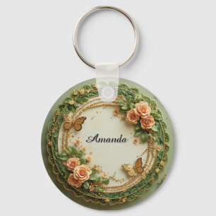 Chaveiro Elegante Quadro Floral Verde Com Rosas Pink