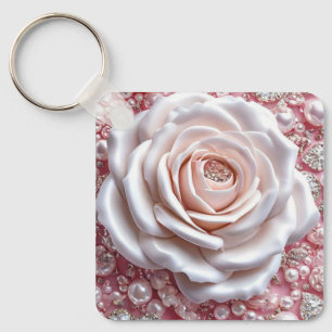 Chaveiro Elegante Rosa Branca e Pérolas Rosa Brilhantes