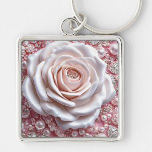 Chaveiro Elegante Rosa Branca e Pérolas Rosas Brilhantes