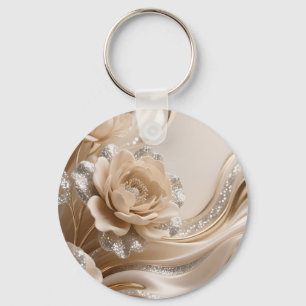 Chaveiro Elegantes Ondas Florais Bege com Brilho