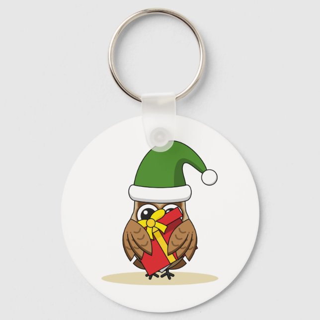 Chaveiro Elf Owl de Natal com Presente (Frente)