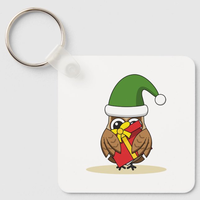 Chaveiro Elf Owl de Natal com Presente (Frente)