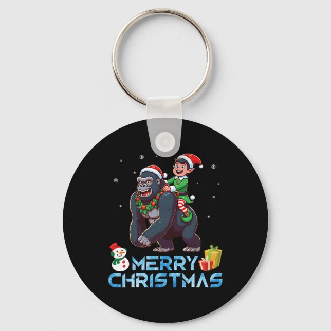 Chaveiro Elf Riding Gorilla Snowman Presente Feliz Natal (Frente)