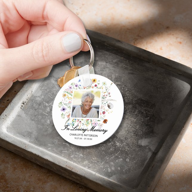 Chaveiro Em Loving Memory Memorial Foto De Flores Selvagens (In Loving Memory Photo with wildflowers keepsake double-sided keychain)