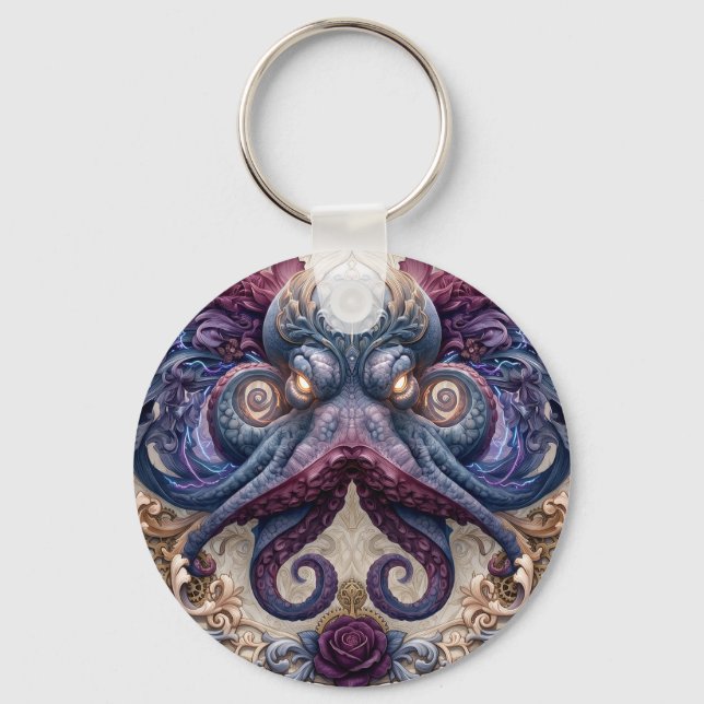 Chaveiro Emblema de polvo Steampunk com rosas roxas (Frente)