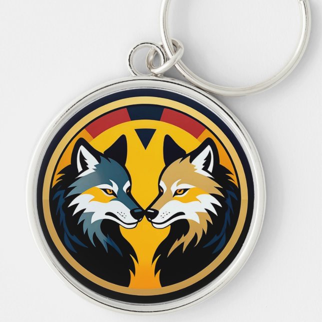 Chaveiro Emblema Duplo Lobo com Círculo Dourado (Frente)