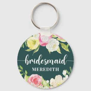 Chaveiro Emerald Green Watercolor Nome Floral Bridesmaid
