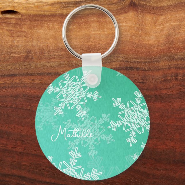 Chaveiro Emerald White Snowflakes Nome de Natal Minimalista (Frente)