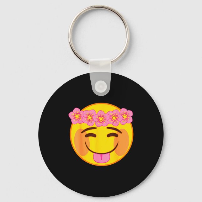Chaveiro Emoji Flower Crown Tongue Yellow Smile Face  (Frente)